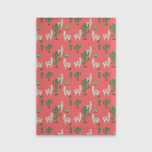 Обложка для паспорта матовая кожа Три забавных альпака среди кактусов, цвет красный - фото 2