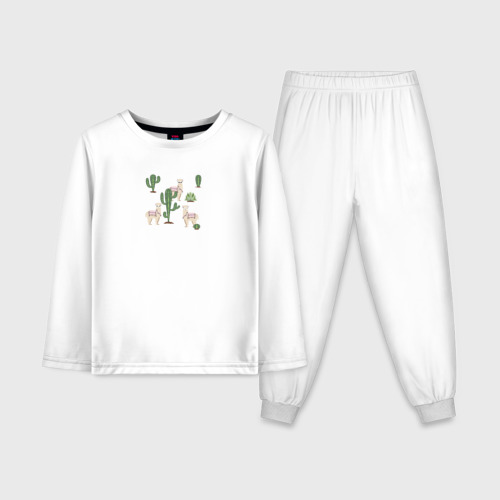 Детская пижама с лонгсливом из хлопка с принтом Три альпака среди кактусов гуляют, вид спереди №1