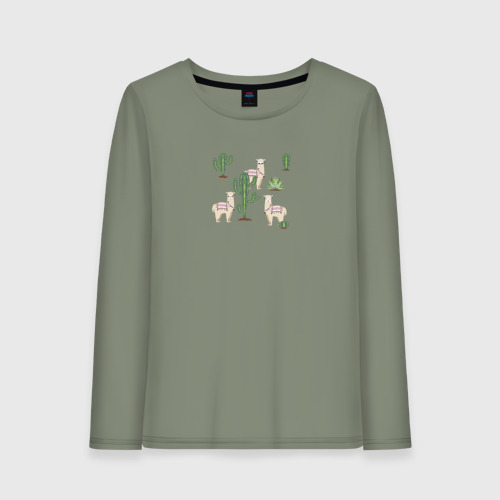 Женский лонгслив хлопок с принтом Три альпака среди кактусов гуляют, вид спереди #2