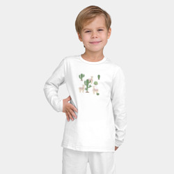 Пижама с принтом Три альпака среди кактусов гуляют для ребенка, вид на модели спереди №2. Цвет основы: белый