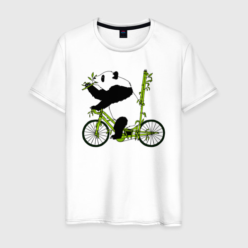 Мужская футболка из хлопка с принтом Панда на велосипеде с бамбуком, вид спереди №1