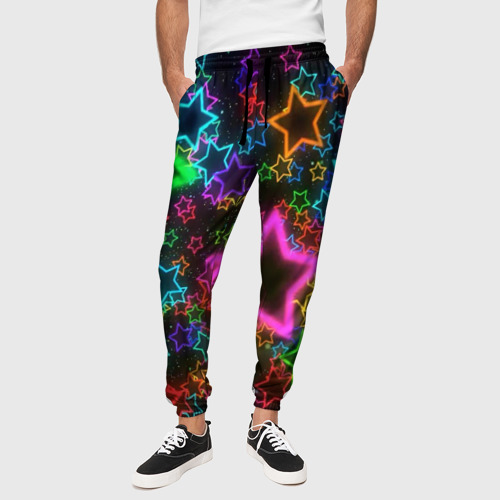 Мужские брюки 3D с принтом Большие неоновые звезды, вид сбоку #3