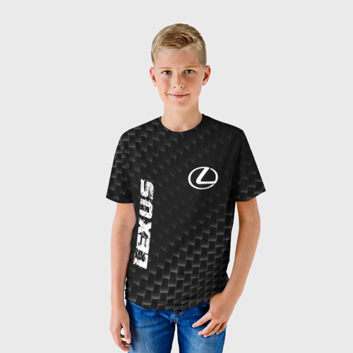 Детская футболка 3D с принтом Lexus карбоновый фон, фото на моделе #1