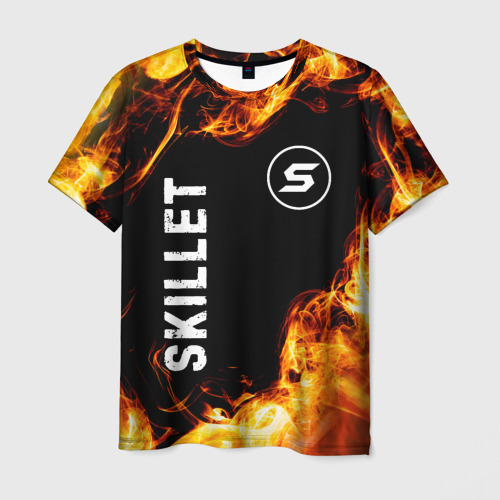 Мужская футболка с принтом Skillet и пылающий огонь, вид спереди №1