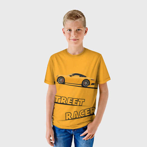 Детская футболка 3D с принтом Желтая машинка Street racer, фото на моделе #1