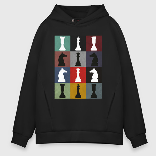 Мужское худи Oversize хлопок Шахматные фигуры на цветном фоне, цвет черный