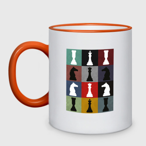 Кружка двухцветная Шахматные фигуры на цветном фоне, цвет Кант оранжевый