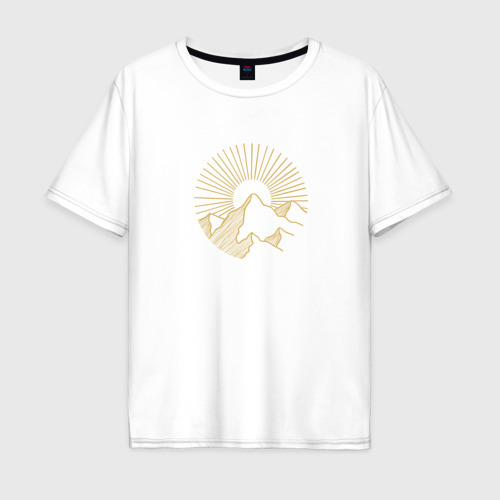 Мужская футболка оверсайз из хлопка с принтом Горы и солнце в круге, вид спереди №1