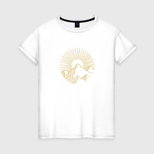 Женская футболка хлопок Горы и солнце в круге, цвет белый