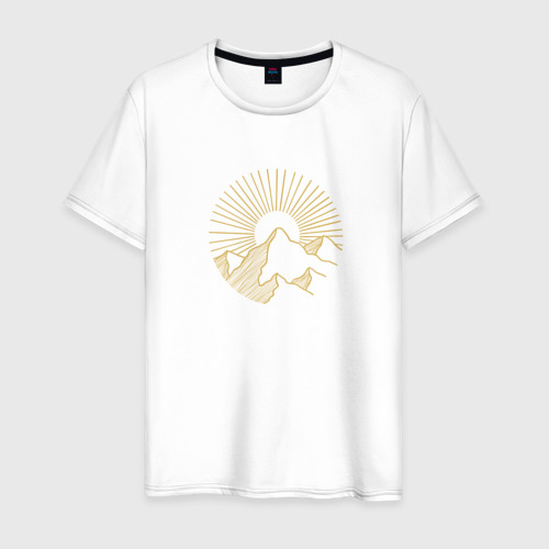 Мужская футболка из хлопка с принтом Горы и солнце в круге, вид спереди №1