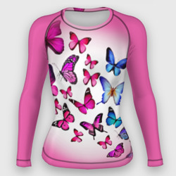 Женский рашгард 3D Бабочки на розовом фоне