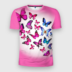 Мужская футболка 3D Slim Бабочки на розовом фоне