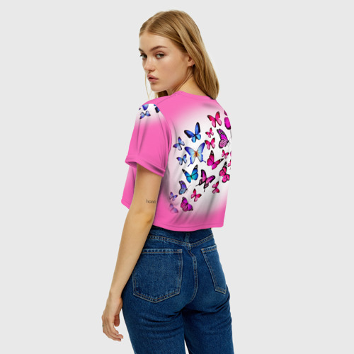 Женская футболка Crop-top 3D Бабочки на розовом фоне, цвет 3D печать - фото 5