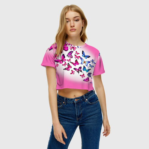 Женская футболка Crop-top 3D Бабочки на розовом фоне, цвет 3D печать - фото 4