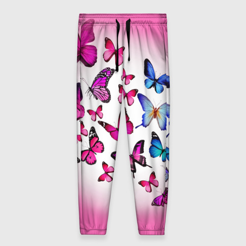Женские брюки 3D с принтом Бабочки на розовом фоне, вид спереди #2