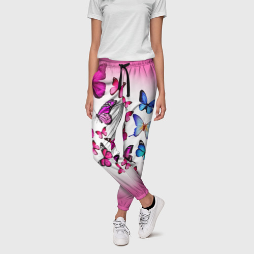 Женские брюки 3D с принтом Бабочки на розовом фоне, фото на моделе #1