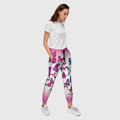 Женские брюки 3D с принтом Бабочки на розовом фоне, вид сбоку #3