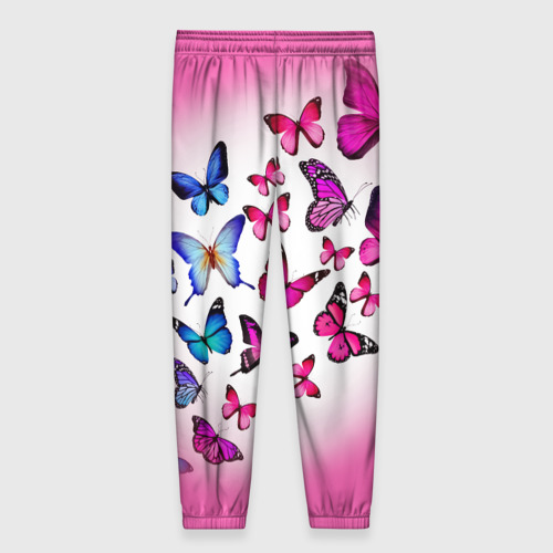 Женские брюки 3D с принтом Бабочки на розовом фоне, вид сзади #1
