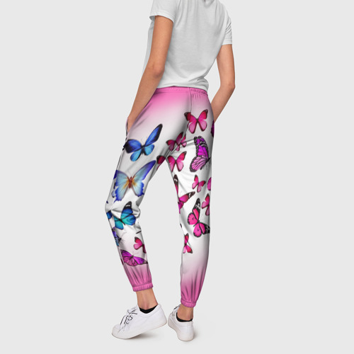 Женские брюки 3D с принтом Бабочки на розовом фоне, вид сзади #2