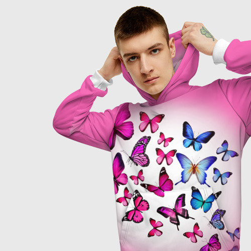 Мужская толстовка 3D Бабочки на розовом фоне, цвет белый - фото 5