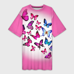Платье-футболка 3D Бабочки на розовом фоне