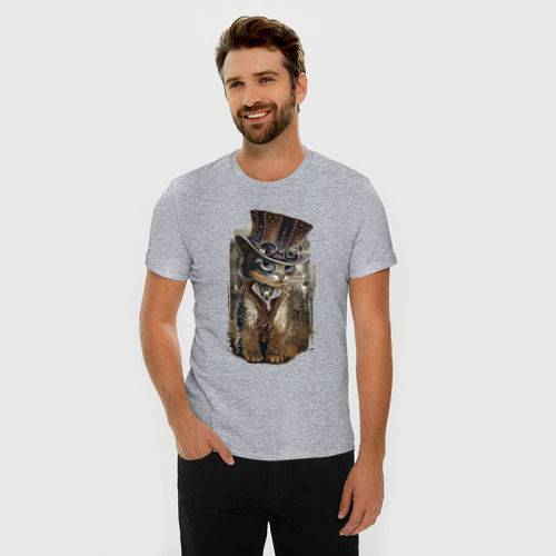 Мужская футболка хлопок Slim с принтом Прикольный котёнок в шляпе, фото на моделе #1