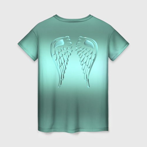 Женская футболка с принтом Блестящие крылья ангела на бирюзовом фоне, вид сзади №1