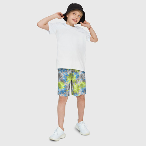 Детские спортивные шорты 3D с принтом Цветочный узор Голубой и Лайм, фото на моделе #1