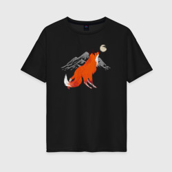 Женская футболка хлопок Oversize Лиса, горы и луна