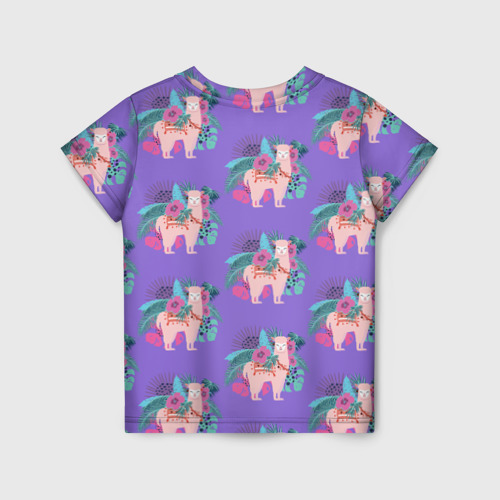 Детская футболка 3D с принтом Розовая альпака с тропическими листьями и цветами, вид сзади #1