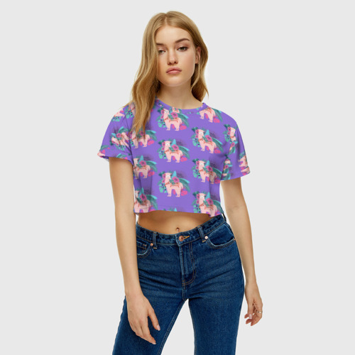 Женская футболка Crop-top 3D Розовая альпака с тропическими листьями и цветами, цвет 3D печать - фото 3