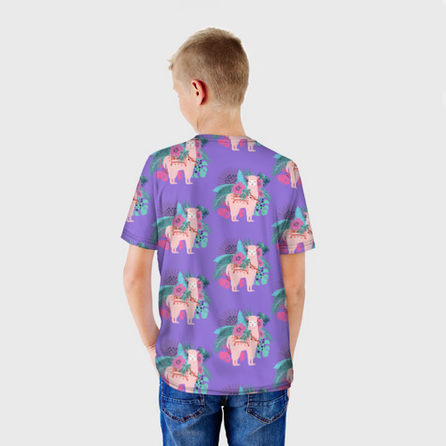 Детская футболка 3D с принтом Розовая альпака с тропическими листьями и цветами, вид сзади #2