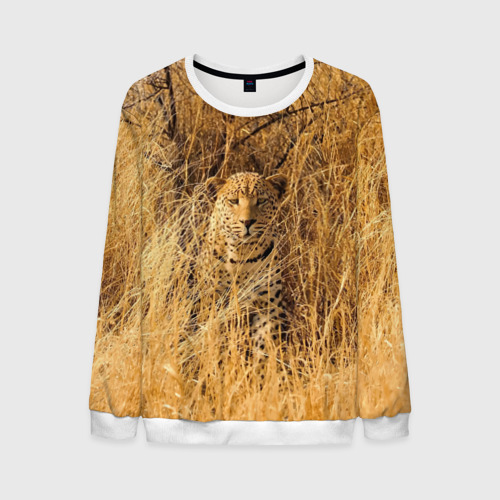 Мужской свитшот 3D Леопард замаскировался в сухой траве, цвет белый