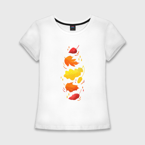 Женская футболка хлопок Slim Осенний листопад, яркие листья, цвет белый