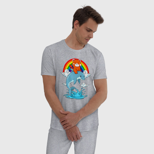 Мужская пижама хлопок с принтом Красная панда верхом на дельфине, фото на моделе #1