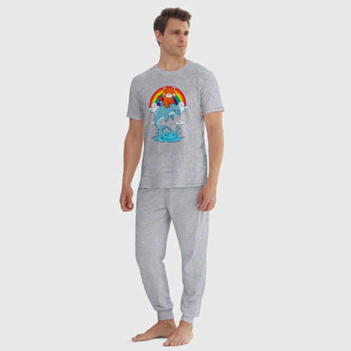 Мужская пижама хлопок с принтом Красная панда верхом на дельфине, вид сбоку #3