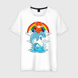 Мужская футболка хлопок Красная панда верхом на дельфине