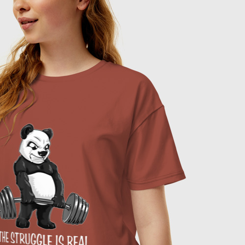 Женская футболка хлопок Oversize Это настоящая борьба - панда штангист, цвет кирпичный - фото 3