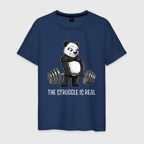 Мужская футболка из хлопка с принтом Это настоящая борьба - панда штангист, вид спереди №1
