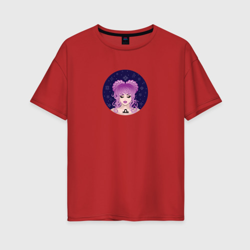 Женская футболка хлопок Oversize Девушка с сиреневыми волосами знак зодиака Весы, цвет красный