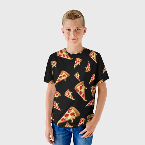 Детская футболка 3D Куски пиццы на черном фоне, цвет 3D печать - фото 3