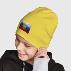 Шапка с принтом Герб России и триколор - рисунок для ребенка, вид на модели спереди №3. Цвет основы: желтый
