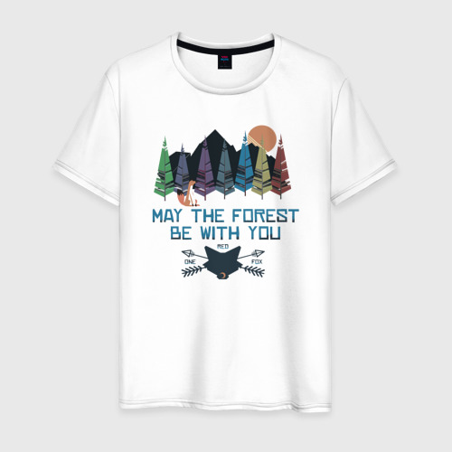 Мужская футболка из хлопка с принтом Горы, лес и лиса, вид спереди №1