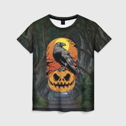 Женская футболка 3D Ворон, сидящий на тыкве - Halloween