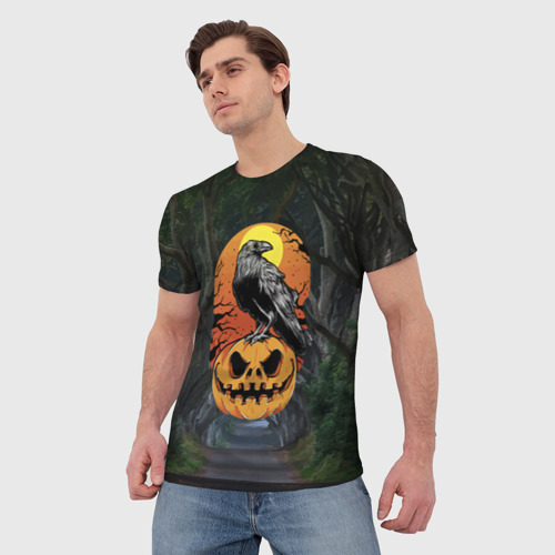 Мужская футболка 3D Ворон, сидящий на тыкве - Halloween, цвет 3D печать - фото 3