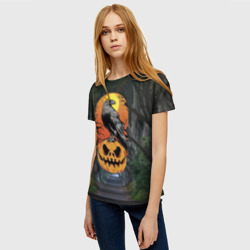 Женская футболка 3D Ворон, сидящий на тыкве - Halloween - фото 2