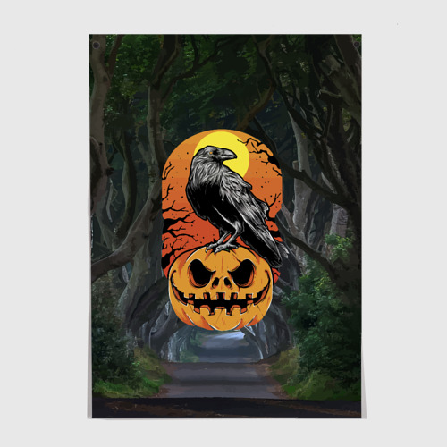 Постер Ворон, сидящий на тыкве - Halloween