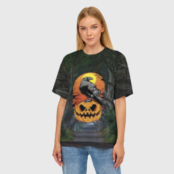 Женская футболка oversize 3D Ворон, сидящий на тыкве - Halloween - фото 2