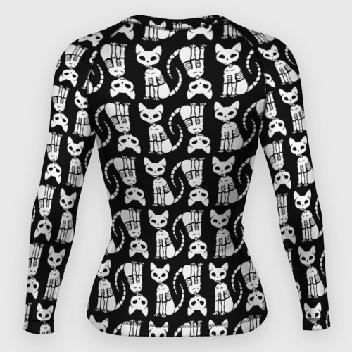 Женский рашгард 3D с принтом Скелет кошки - halloween pattern, вид сзади #1