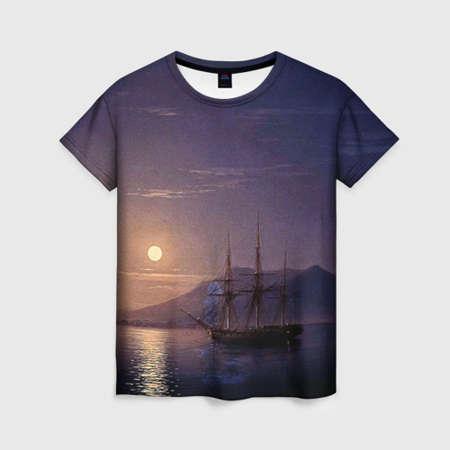 Женская футболка 3D с принтом Парусник у берегов Крыма в лунную ночь Айвазовский, вид спереди #2